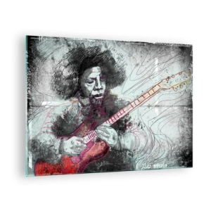 Obraz na skle - Umělecký portrét hudebníka s elektrickou kytarou - 70x50cm - Na vlnách hudby - Moderní nástěnná dekorace do obývacího pokoje a ložnice ARTTOR