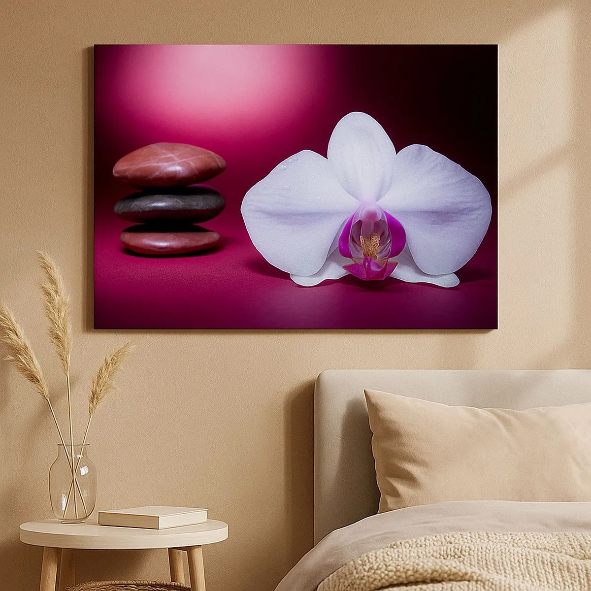 Obraz na plátně - Bílá orchidej a kameny na růžovém pozadí - 70x50cm - Studie svěžesti ve fialové - Moderní nástěnná dekorace do obývacího pokoje a ložnice ARTTOR