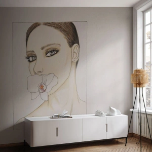 Fototapeta Standard Eco - Žena s orchidejí v ústech v minimalistické skici. - 100x70cm - Symbol elegance a krásy - Moderní nástěnná dekorace do obývacího pokoje a ložnice ARTTOR