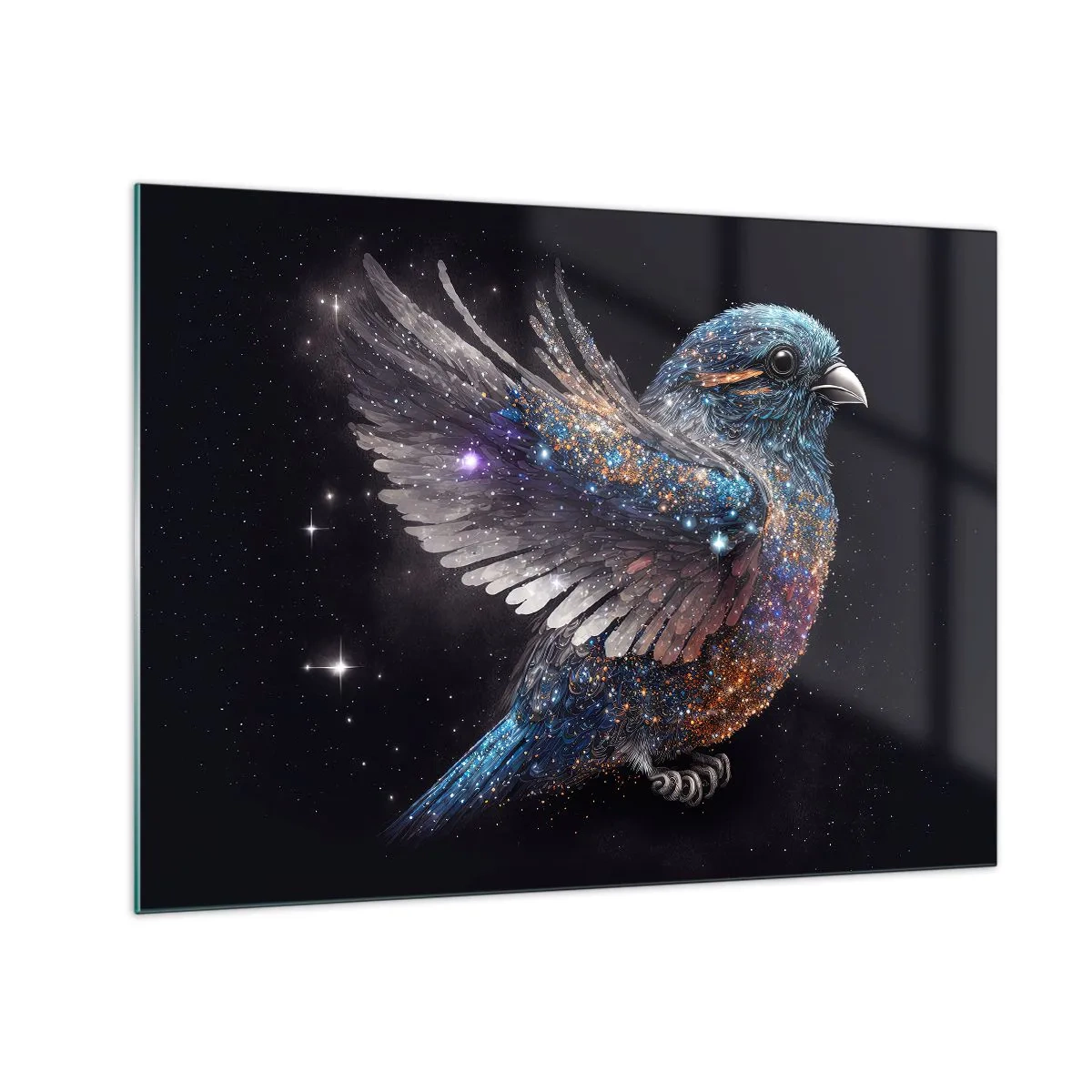 Obraz na skle - Vesmírný vrabec s diamantovým třpytem - 70x50cm - Diamantový vrabec - Moderní nástěnná dekorace do obývacího pokoje a ložnice ARTTOR