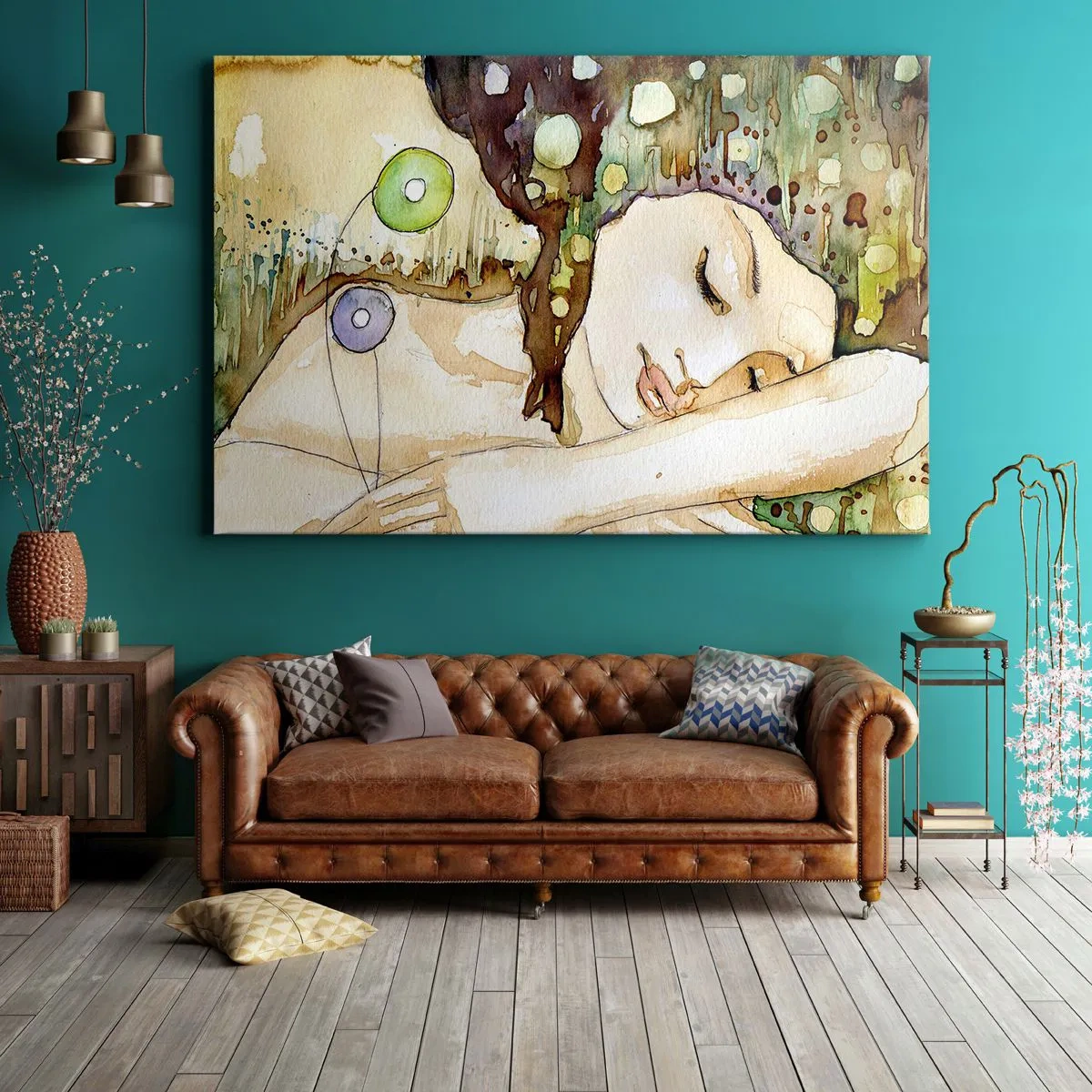 Obraz na plátně - Žena snící obklopená abstraktními tvary a barvami. - 70x50cm - Smaragdově-fialový sen - Moderní nástěnná dekorace do obývacího pokoje a ložnice ARTTOR
