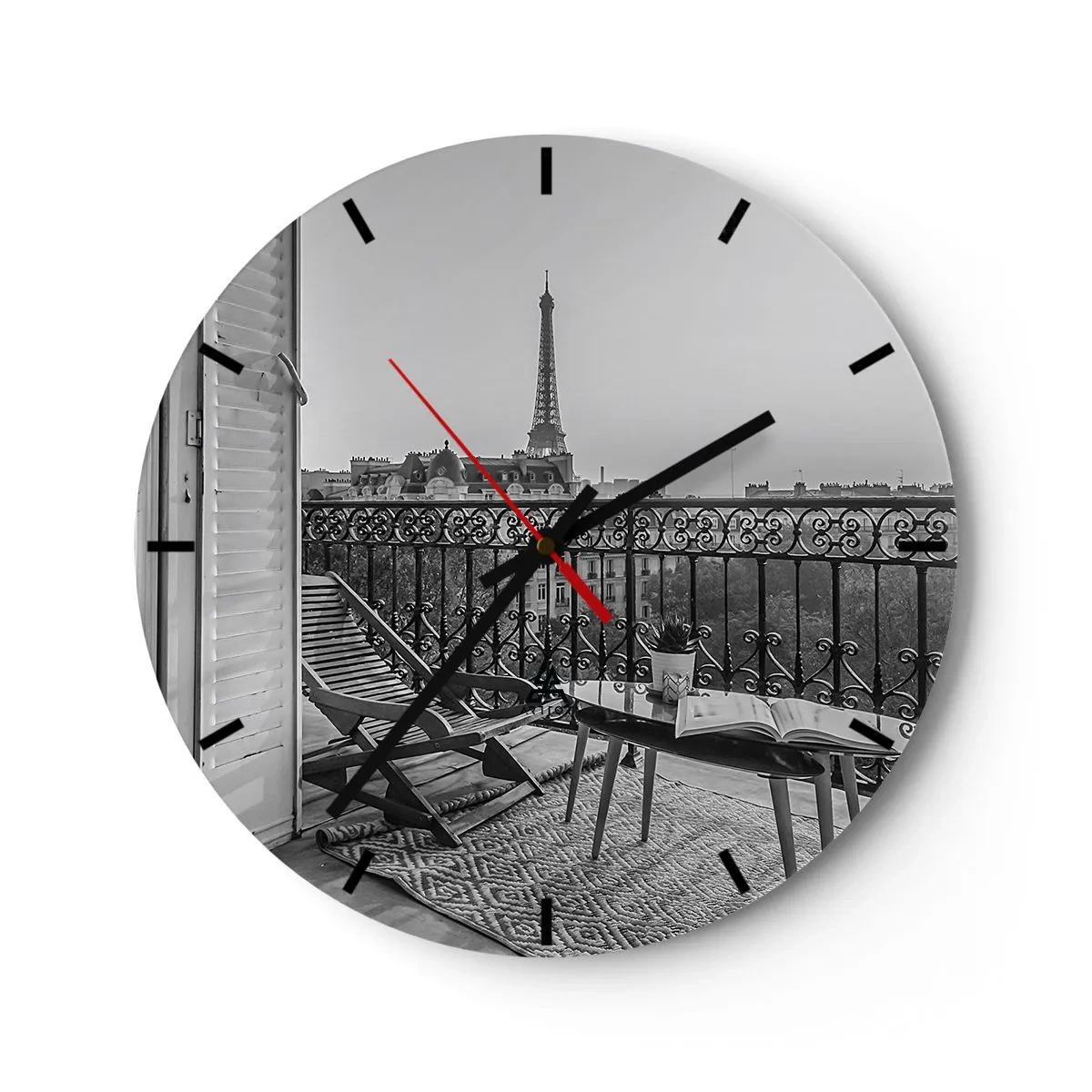 Nástěnné hodiny - Pohled z balkonu Eiffelovy věže v černé a bílé - 30x30cm - Pařížské odpoledne - Moderní nástěnná dekorace do obývacího pokoje, kuchyně a ložnice ARTTOR