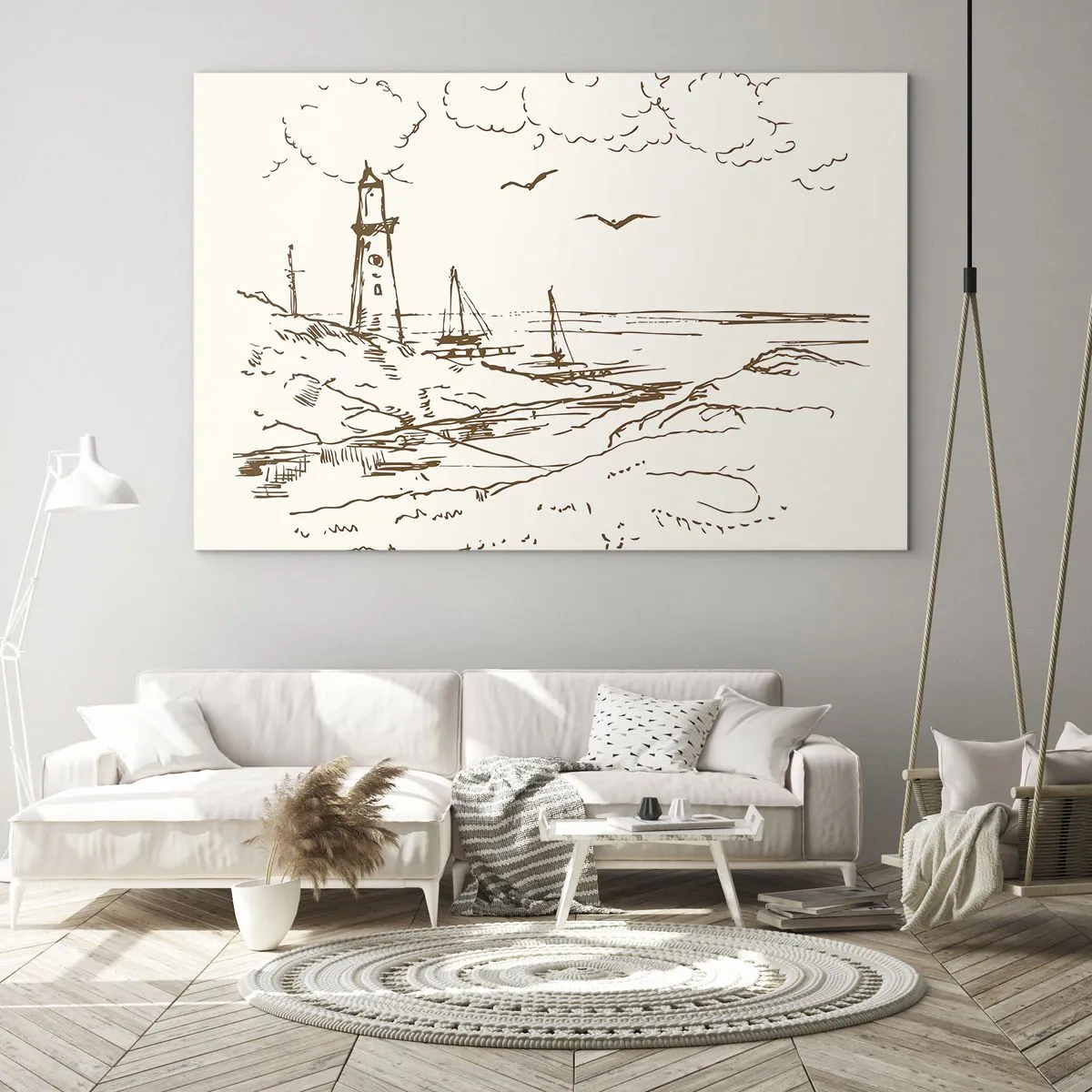 Obraz na skle - Náčrt majáku v přímořské krajině - 70x50cm - Náčrt letních vzpomínek - Moderní nástěnná dekorace do obývacího pokoje a ložnice ARTTOR