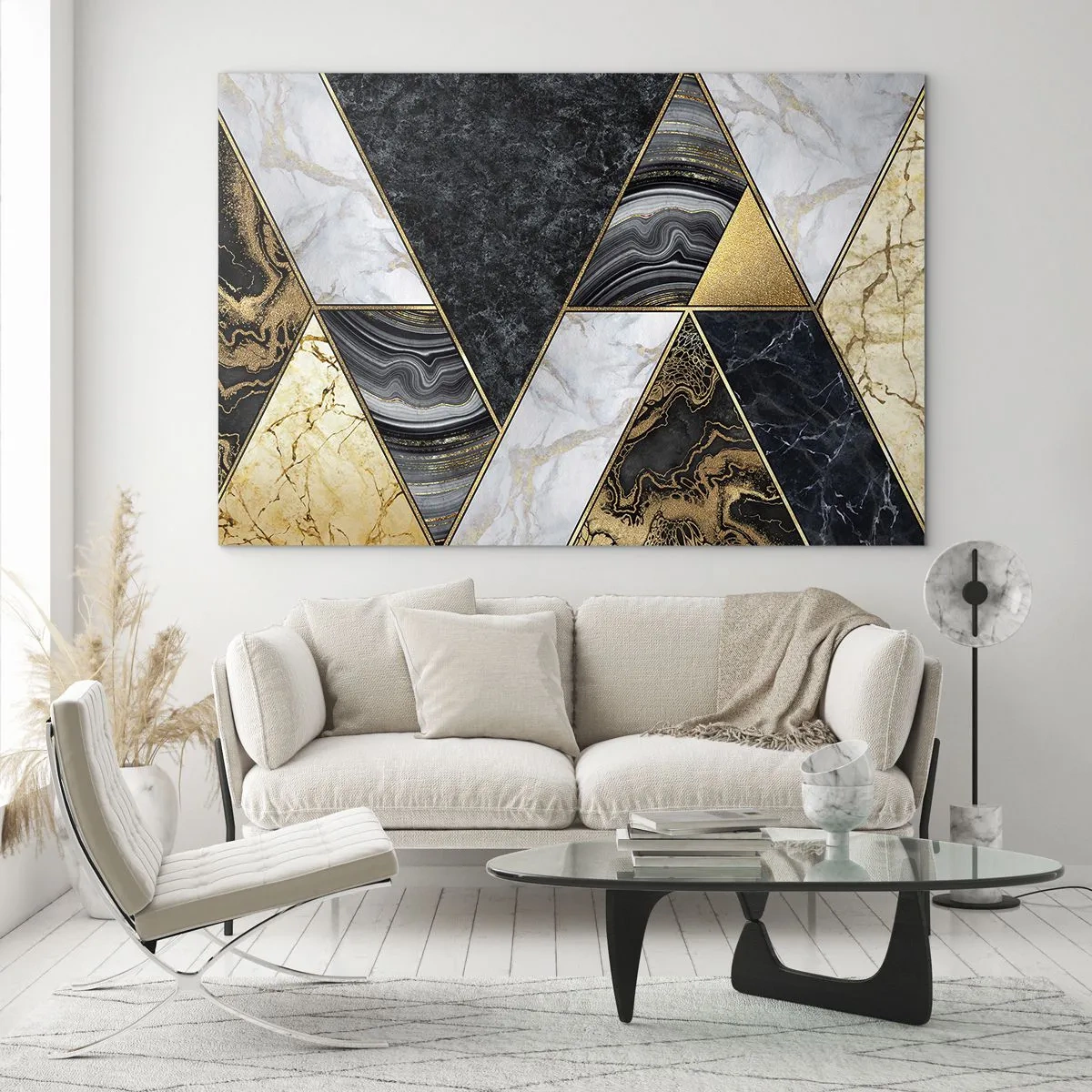 Obraz na skle - Geometrický vzor z mramoru a zlatých trojúhelníků - 70x50cm - Kámen vedle kamene - Moderní nástěnná dekorace do obývacího pokoje a ložnice ARTTOR