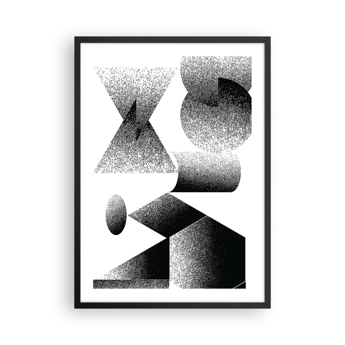 Plakát v černém rámu - Abstraktní kompozice geometrických tvarů v černé a bílé - 50x70cm - Úhly a ovály - Moderní nástěnná dekorace do obývacího pokoje a ložnice ARTTOR