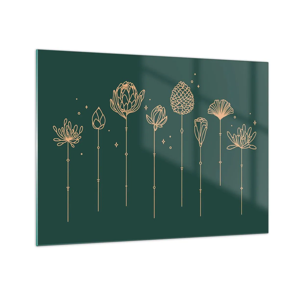 Obraz na skle - Zlaté obrysy bylin a květin na tmavě zeleném pozadí - 70x50cm - Bylinky - Moderní nástěnná dekorace do obývacího pokoje a ložnice ARTTOR