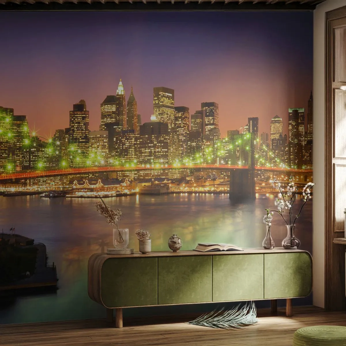 Fototapeta Samolepicí Deluxe Sticker - Zde světlo nikdy nezhasne - Město, New York, Brooklynský most - 250x175 cm