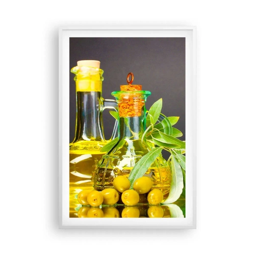 Plakát v bílém rámu - Zátiší s olivami a olejem - 61x91 cm