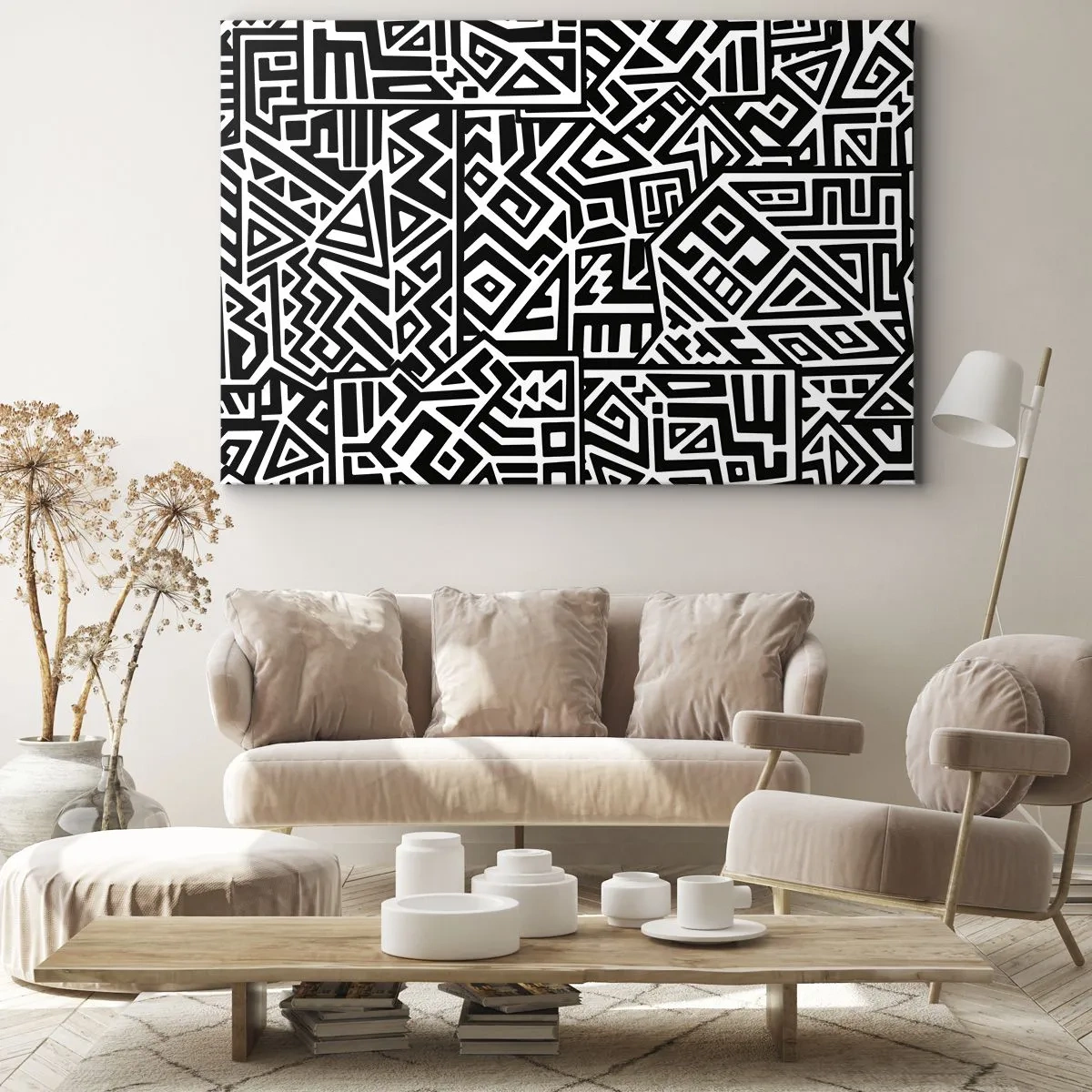Obraz na plátně - Černobílé geometrické vzory inspirované předkolumbovskou kulturou - 70x50cm - Předkolumbovská kompozice - Moderní nástěnná dekorace do obývacího pokoje a ložnice ARTTOR
