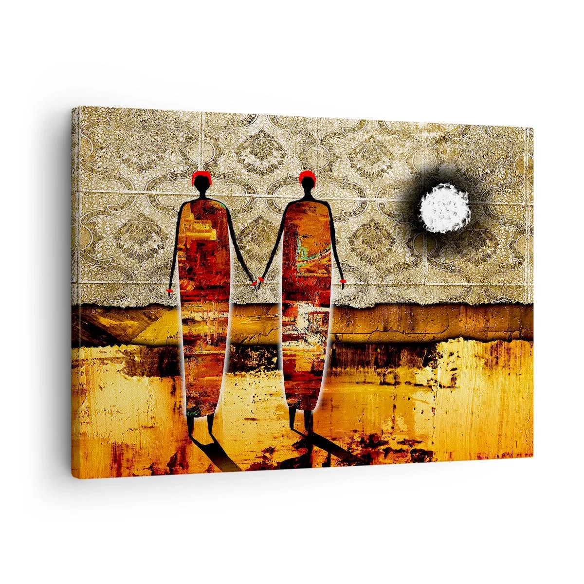 Obraz na plátně - Abstraktní dvojice postav na pozadí zlatých vzorů a krajiny. - 70x50cm - Etnická kompozice v barvách Afriky - Moderní nástěnná dekorace do obývacího pokoje a ložnice ARTTOR