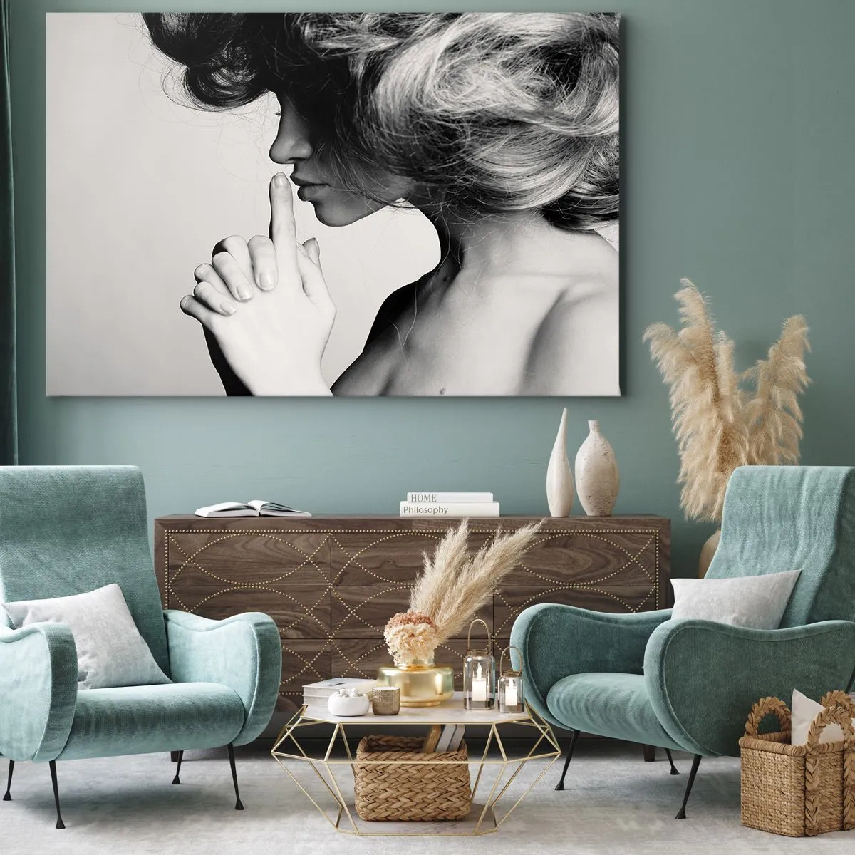 Obraz na plátně - Černobílý profil ženy ukazující ticho - 70x50cm - Zahleděná do sebe - Moderní nástěnná dekorace do obývacího pokoje a ložnice ARTTOR