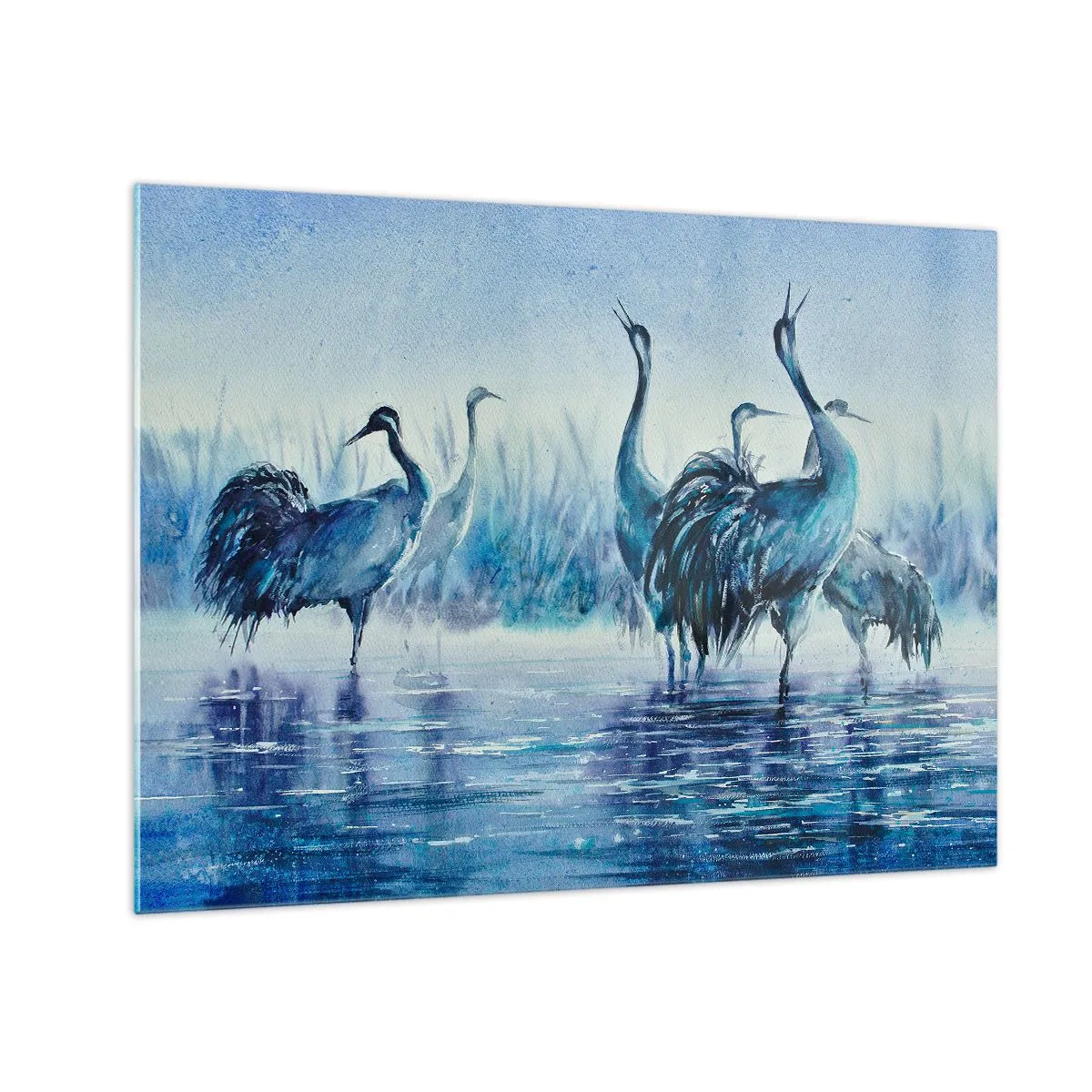 Obraz na skle - Ptáci brodící se v modré vodě - 70x50cm - Ranní setkání - Moderní nástěnná dekorace do obývacího pokoje a ložnice ARTTOR