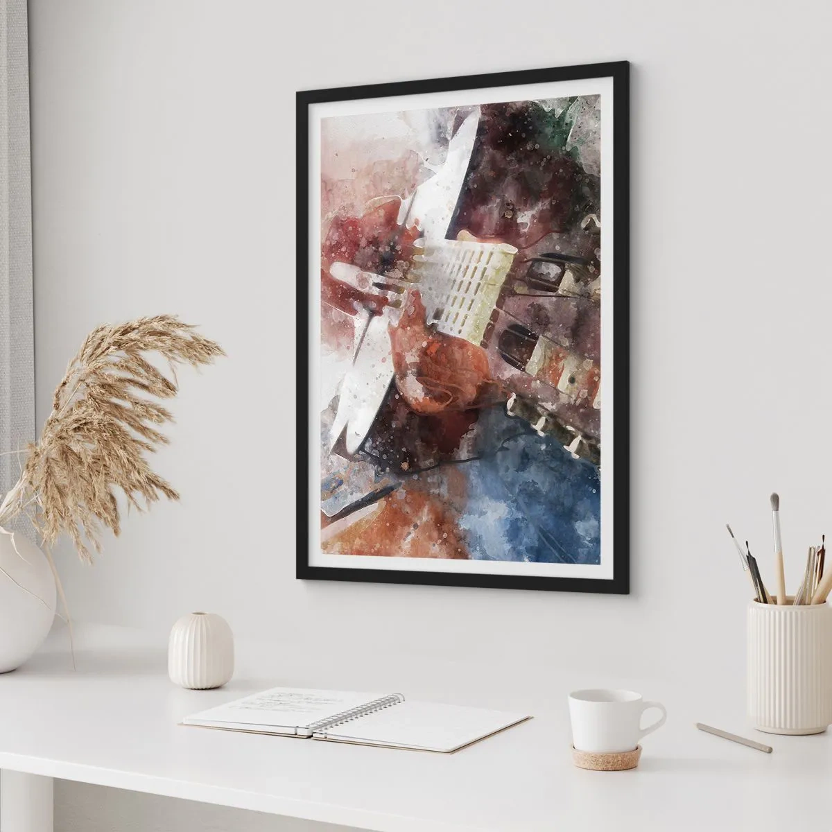 Plakát v černém rámu - Umělecké ztvárnění kytary ve stylu akvarelu - 50x70cm - Co si o tom myslíš? - Moderní nástěnná dekorace do obývacího pokoje a ložnice ARTTOR