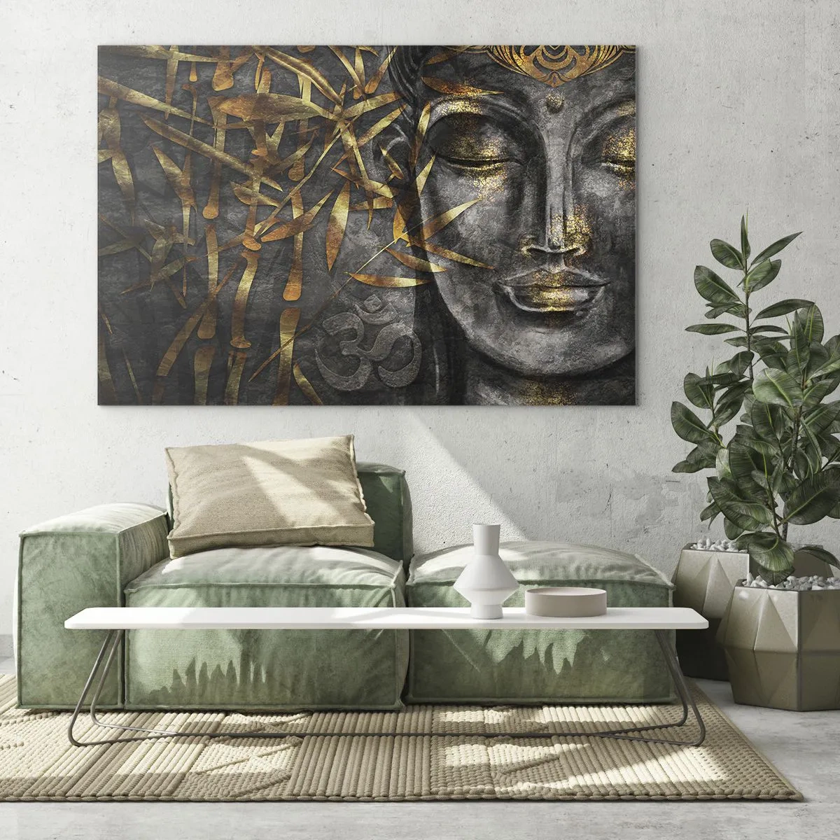 Obraz na skle - Zlatý obraz Buddhy na bambusovém pozadí - 70x50cm - Pociťte klid - Moderní nástěnná dekorace do obývacího pokoje a ložnice ARTTOR