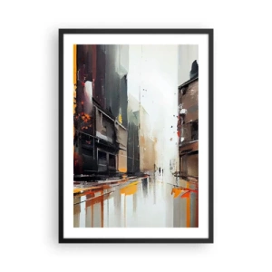 Plakát v černém rámu - Abstraktní panorama města v odstínech šedé a oranžové - 50x70cm - Deštivý den - Moderní nástěnná dekorace do obývacího pokoje a ložnice ARTTOR