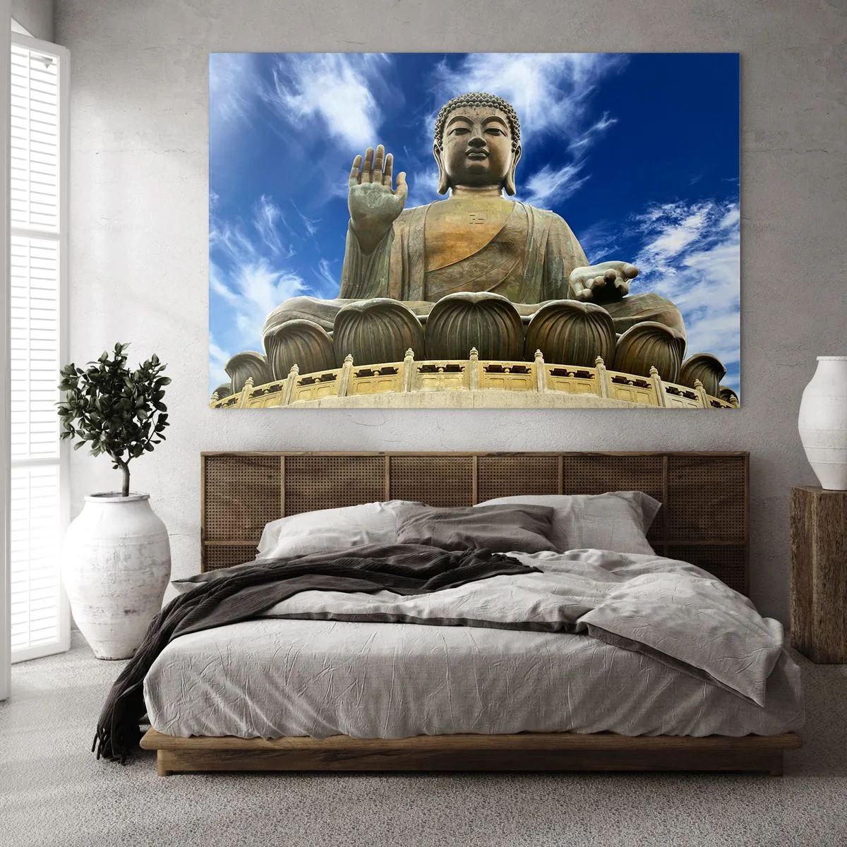 Obraz na skle - Velká socha Buddhy proti modré obloze - 70x50cm - Žij beze strachu - Moderní nástěnná dekorace do obývacího pokoje a ložnice ARTTOR