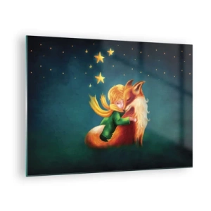 Obraz na skle - Malý princ objímá lišku pod hvězdnou oblohou - 70x50cm - Malý princ - Moderní nástěnná dekorace do obývacího pokoje a ložnice ARTTOR
