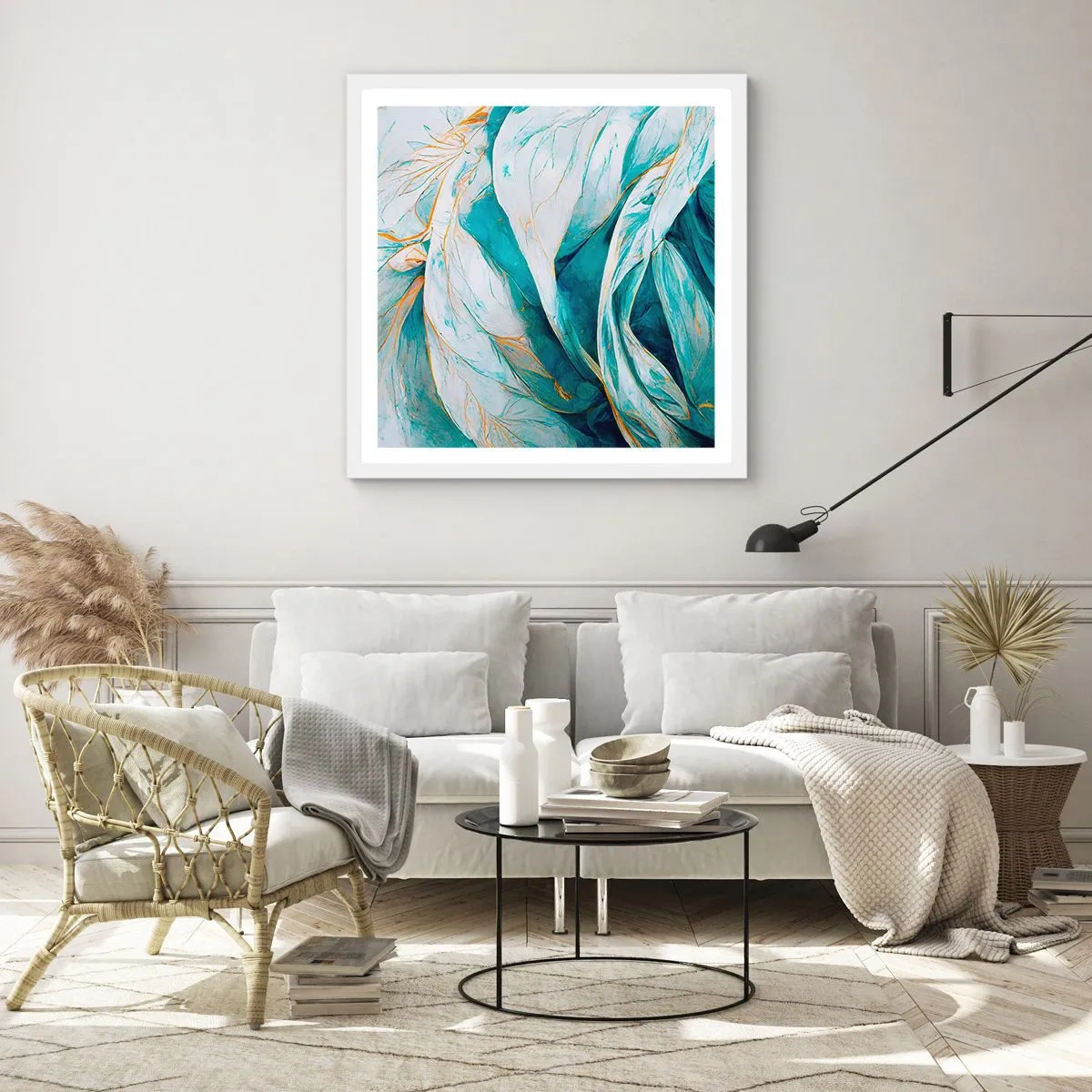 Plakát v bílém rámu - Modrá abstrakce se zlatým motivem - 40x40 cm