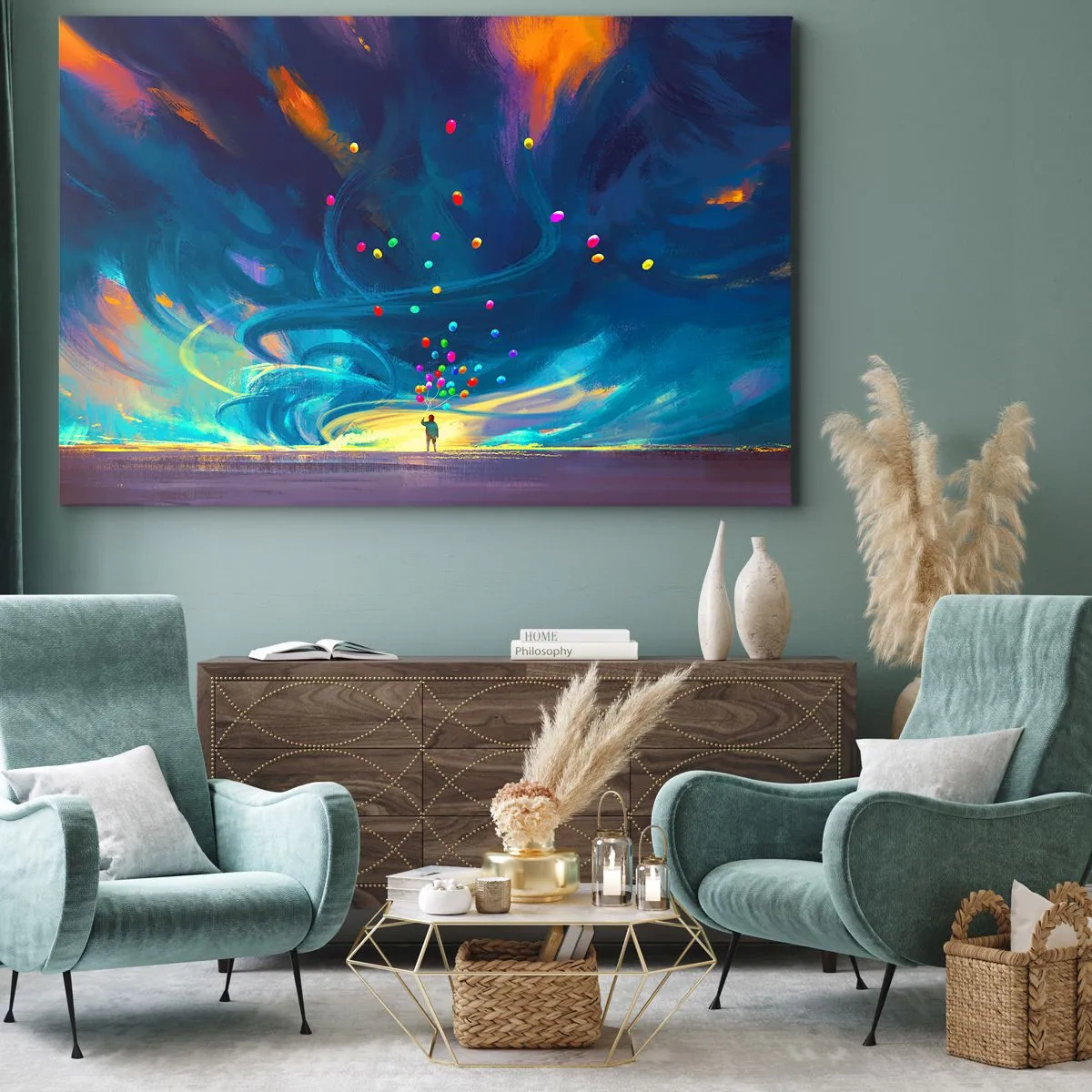 Obraz na plátně - Postava s balónky na pozadí vířících, barevných mraků - 70x50cm - Na modrý vítr - Moderní nástěnná dekorace do obývacího pokoje a ložnice ARTTOR