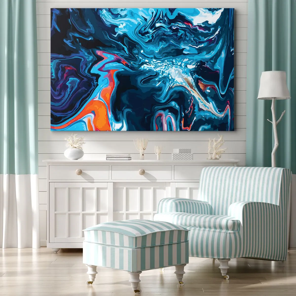 Obraz na plátně - Abstraktní vzor v odstínech modré s oranžovými akcenty. - 70x50cm - Cesta do středu nebe - Moderní nástěnná dekorace do obývacího pokoje a ložnice ARTTOR