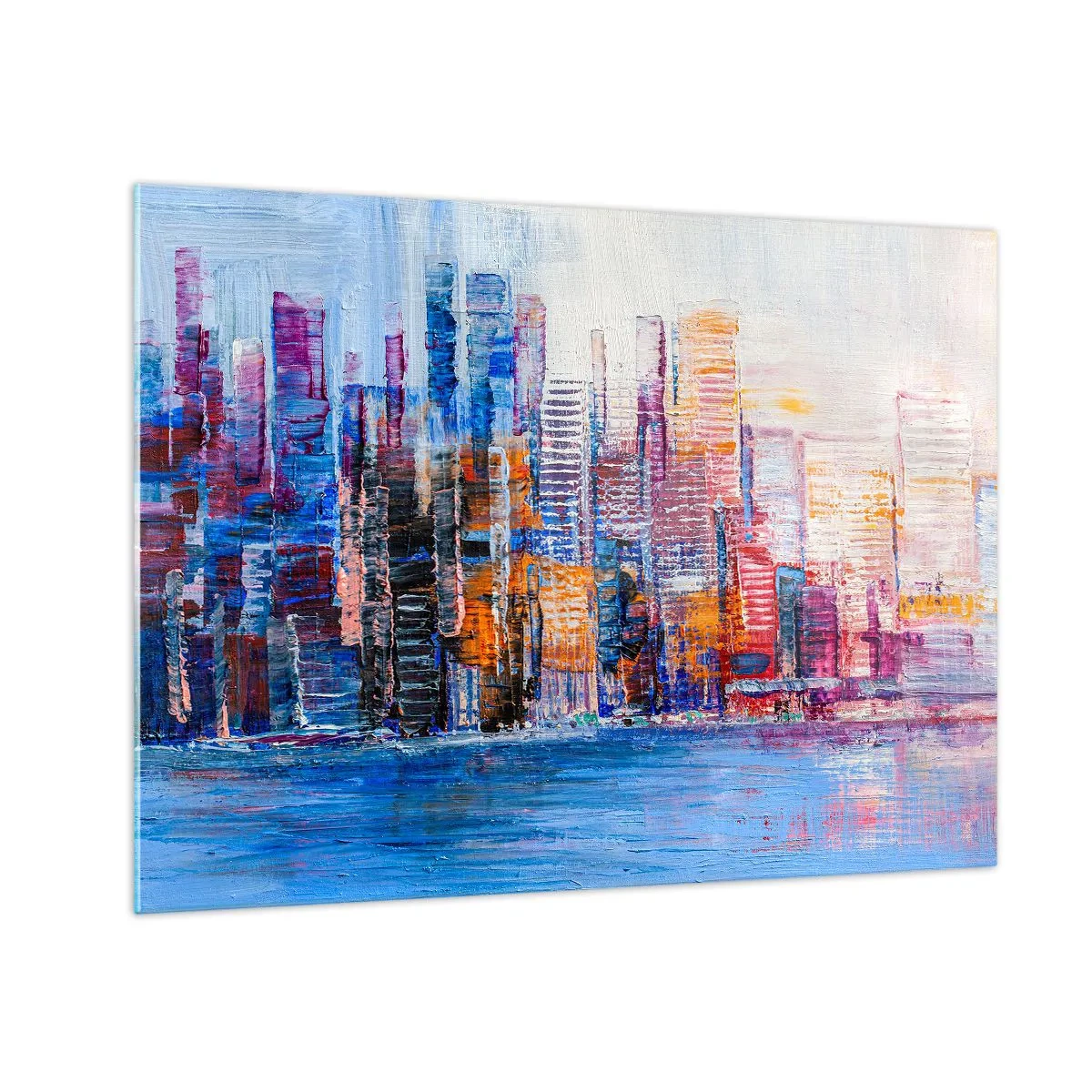 Obraz na skle - Barevné panorama města namalované tahy štětcem - 70x50cm - Radostná metropole - Moderní nástěnná dekorace do obývacího pokoje a ložnice ARTTOR