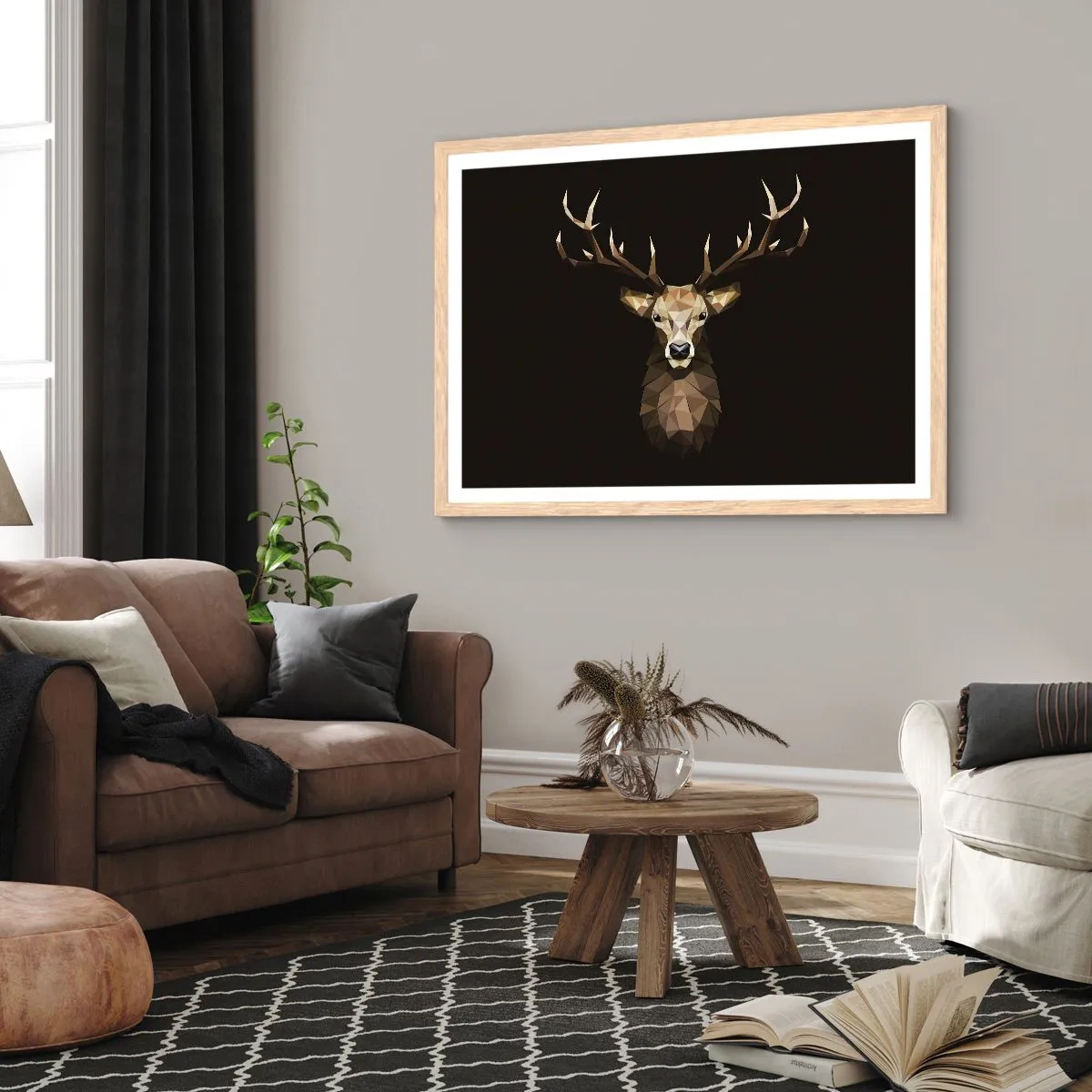 Plakát v rámu světlý dub - Kubistický jelen - 50x40 cm