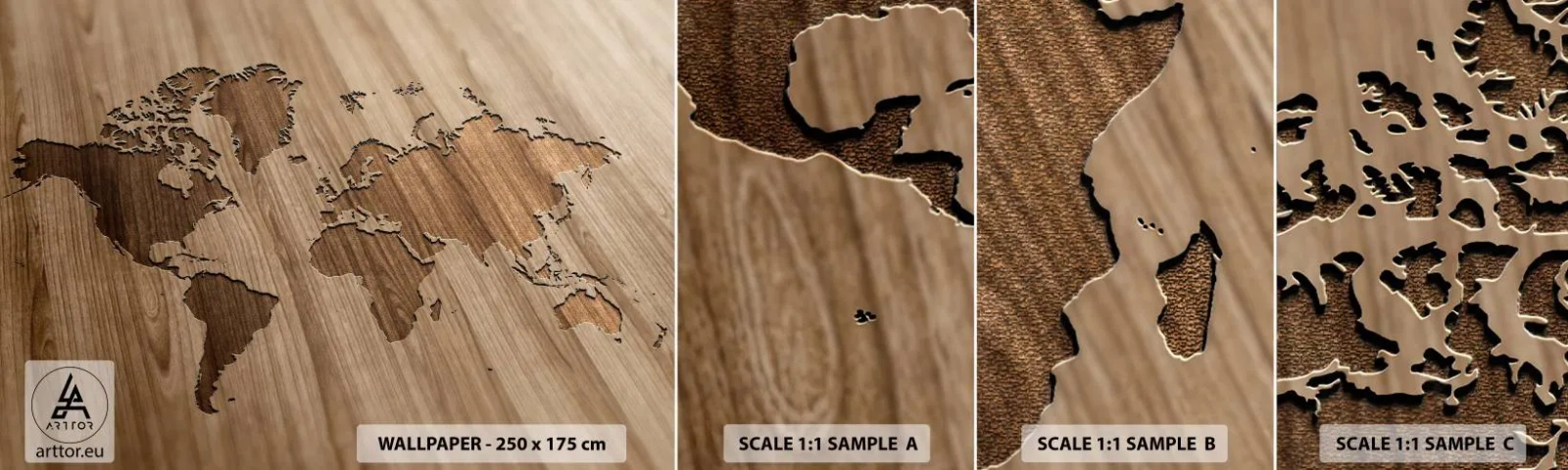 Fototapeta Vzorek Standard Eco - Svět podaný na stole - Mapa světa, Dřevo, Kontinenty - 100x30 cm