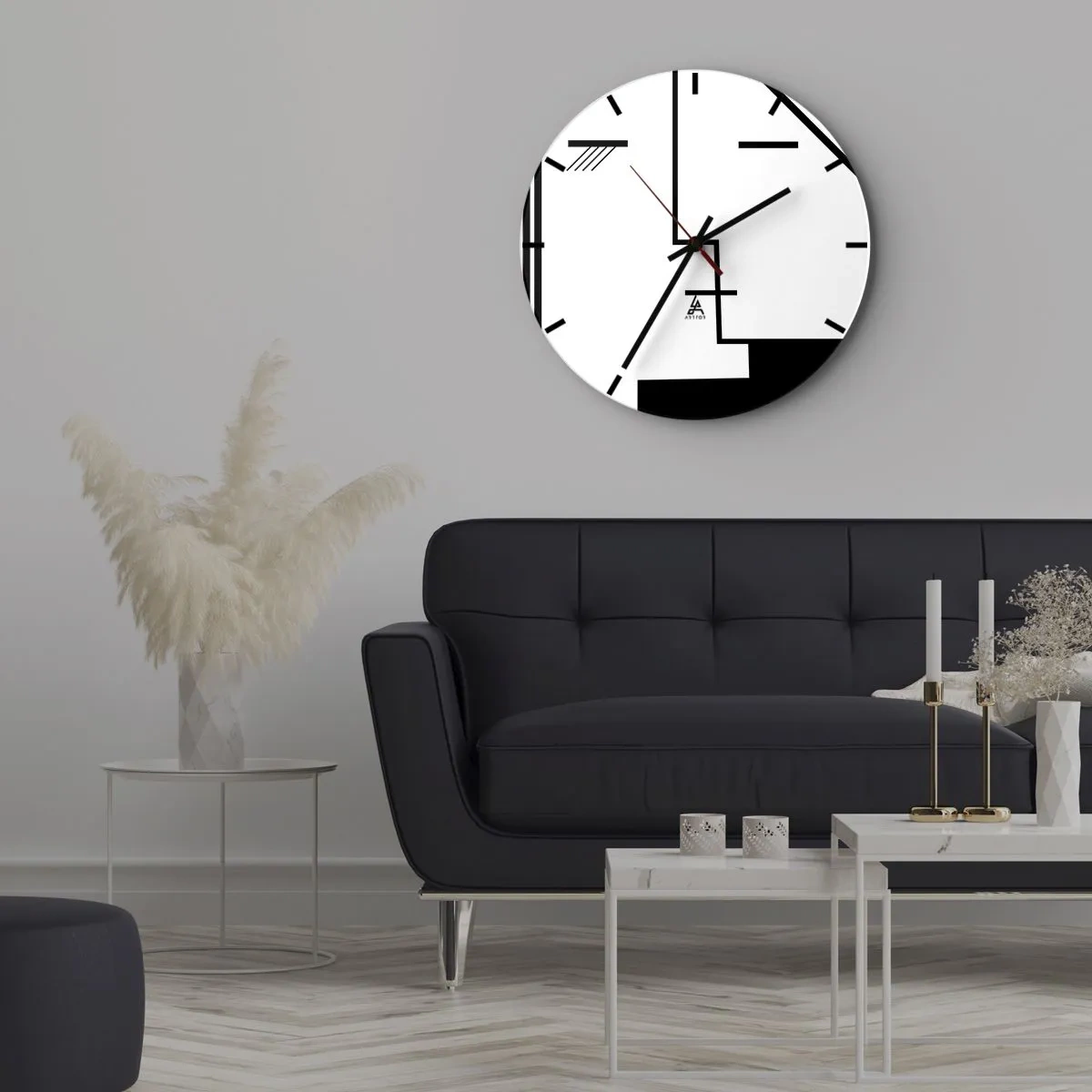 Nástěnné hodiny - Minimalistická černobílá grafika s geometrickými liniemi - 30x30cm - Prostě polibek - Moderní nástěnná dekorace do obývacího pokoje, kuchyně a ložnice ARTTOR