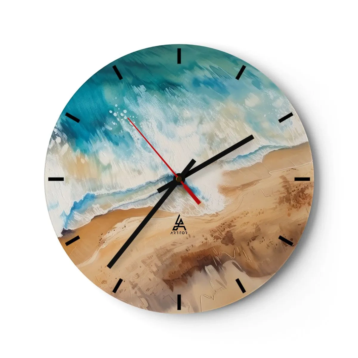 Nástěnné hodiny - Pohled z ptačí perspektivy na malířskou vlnu narážející do písku - 30x30cm - Vlna, která se vrací - Moderní nástěnná dekorace do obývacího pokoje, kuchyně a ložnice ARTTOR