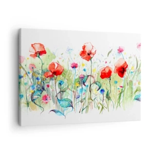 Obraz na plátně - Louka s červenými máky a barevnými květinami v akvarelu - 70x50cm - Kvetoucí louka v květnu - Moderní nástěnná dekorace do obývacího pokoje a ložnice ARTTOR
