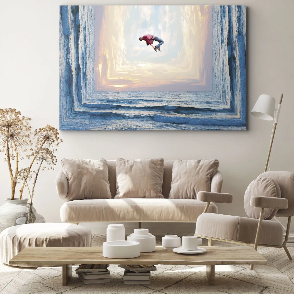 Obraz na plátně - Surrealistický skok přes moře v záběru - 70x50cm - Do jiné dimenze - Moderní nástěnná dekorace do obývacího pokoje a ložnice ARTTOR