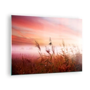 Obraz na skle - Louka v ranní mlze s pastelovou oblohou - 70x50cm - Draci, pampelišky a vítr - Moderní nástěnná dekorace do obývacího pokoje a ložnice ARTTOR