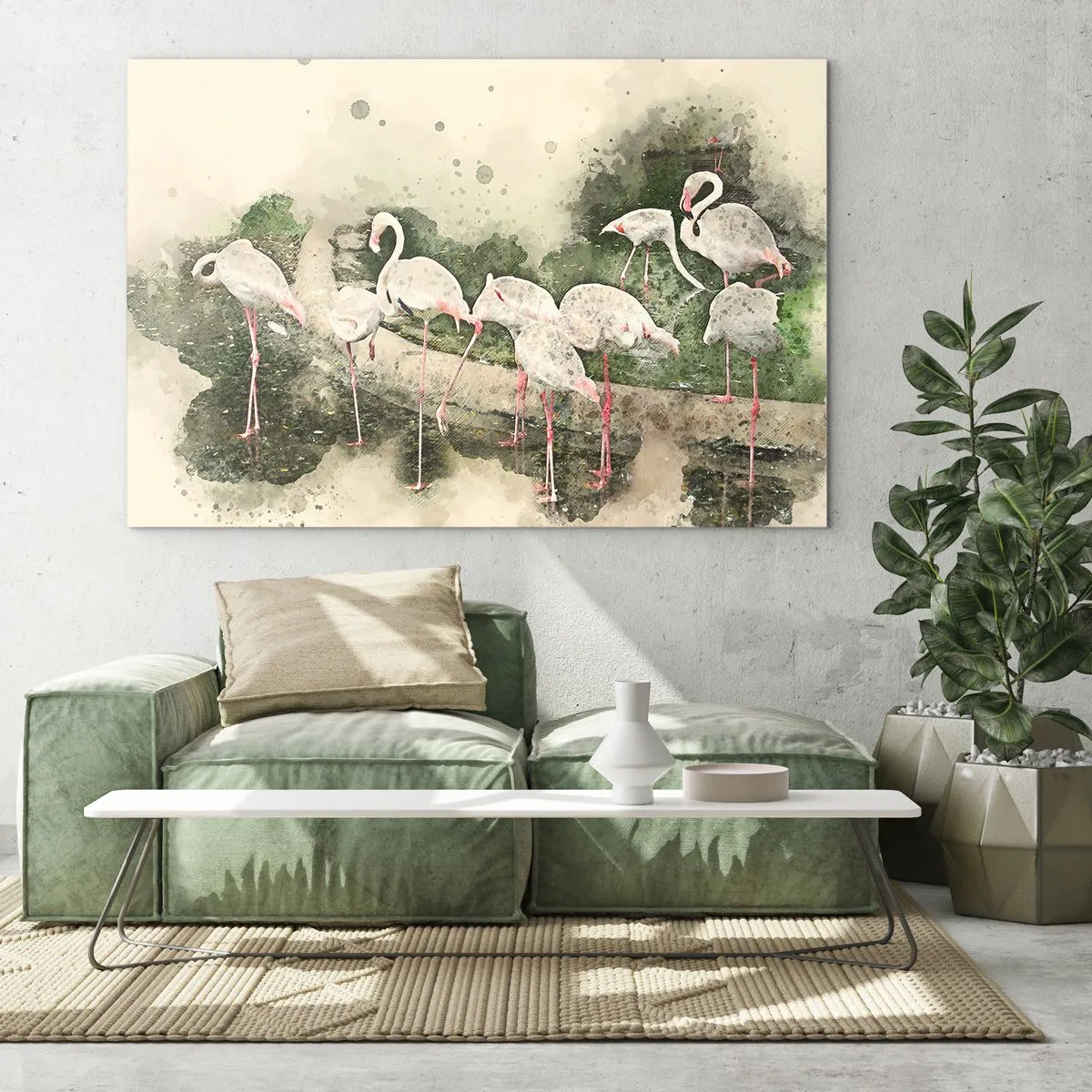 Obraz na skle - Plameňáci na pozadí akvarelové kompozice - 70x50cm - Exotický sen - Moderní nástěnná dekorace do obývacího pokoje a ložnice ARTTOR