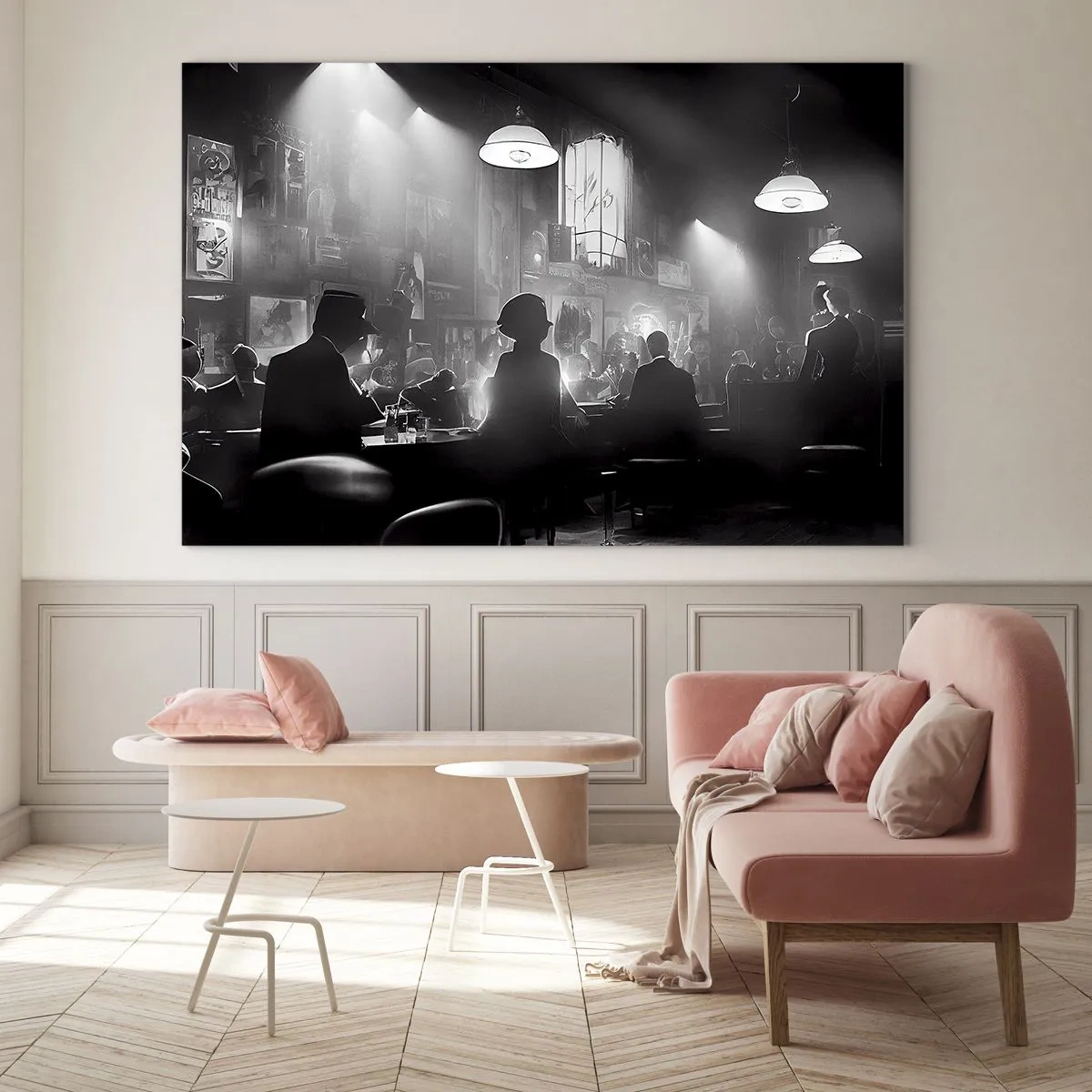Obraz na skle - Černobílé jazzové pódium v interiéru klubu - 70x50cm - V jazzové atmosféře - Moderní nástěnná dekorace do obývacího pokoje a ložnice ARTTOR