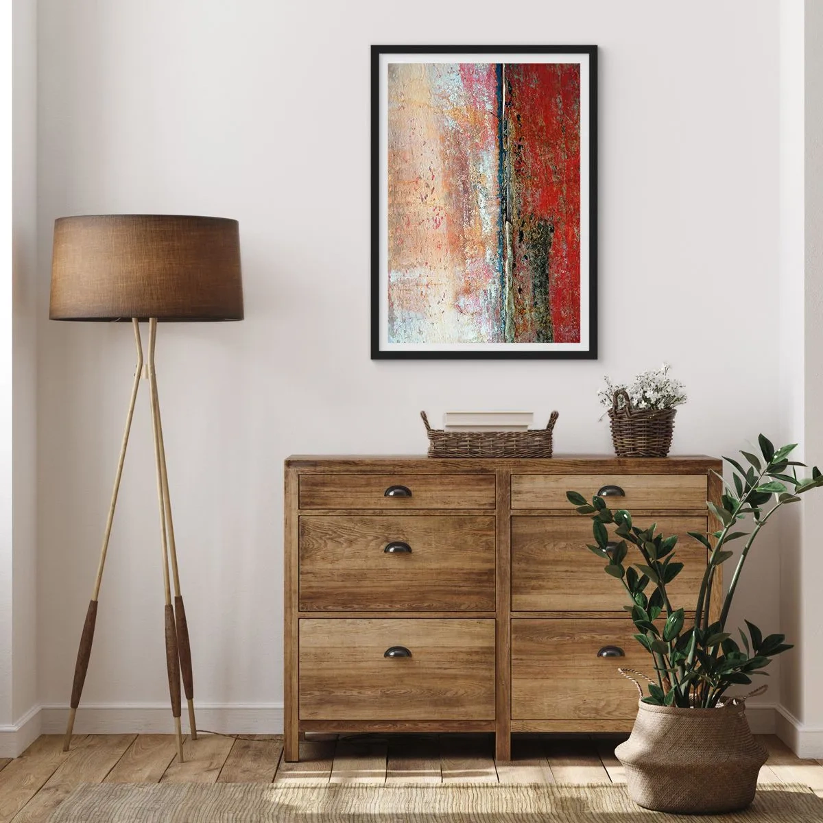 Plakát v černém rámu - Abstraktní textura s oděrkami v červené a béžové barvě - 50x70cm - Možná je to moře - Moderní nástěnná dekorace do obývacího pokoje a ložnice ARTTOR