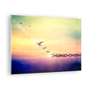 Obraz na skle - Ptáci za letu na pozadí řetězu a západu slunce - 70x50cm - Vítězství svobody - Moderní nástěnná dekorace do obývacího pokoje a ložnice ARTTOR