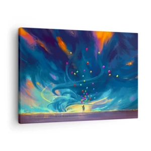 Obraz na plátně - Postava s balónky na pozadí vířících, barevných mraků - 70x50cm - Na modrý vítr - Moderní nástěnná dekorace do obývacího pokoje a ložnice ARTTOR