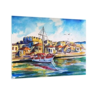 Obraz na skle - Barevný přístav s plachetnicí a středomořskou architekturou - 70x50cm - Duhové odpoledne - Moderní nástěnná dekorace do obývacího pokoje a ložnice ARTTOR