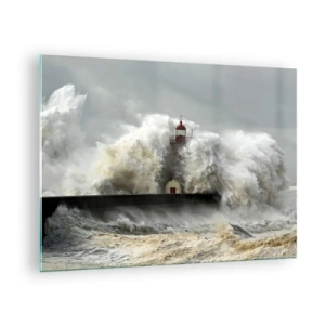 Obraz na skle - Maják obklopený silnými vlnami - 70x50cm - Hněv oceánu - Moderní nástěnná dekorace do obývacího pokoje a ložnice ARTTOR