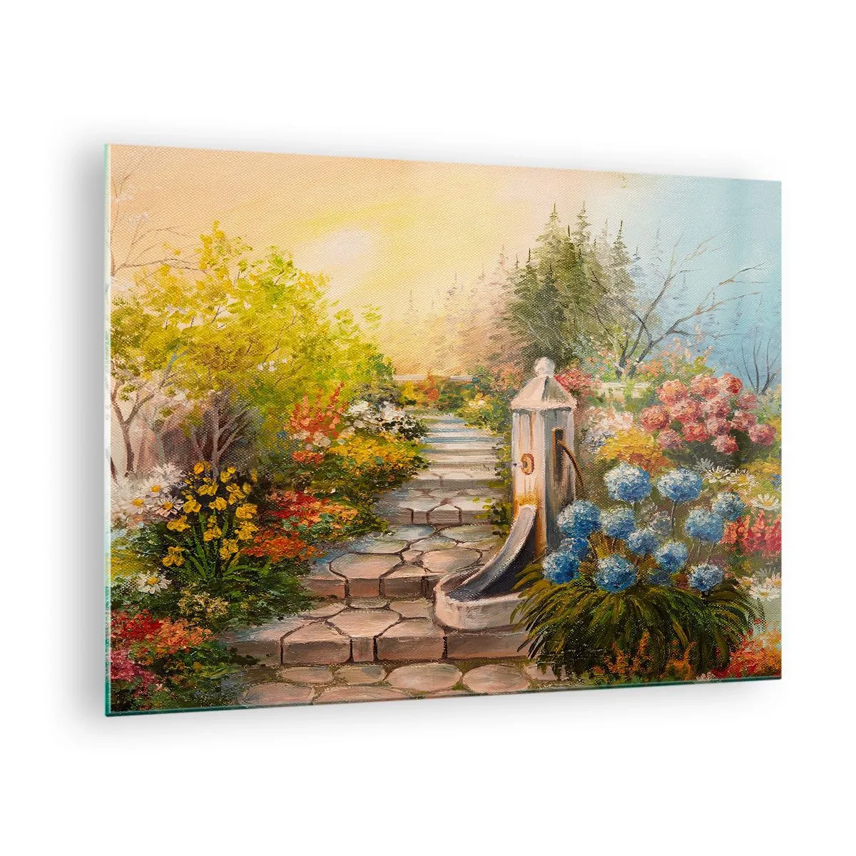Obraz na skle - Květinová zahrada s fontánou v plném květu - 70x50cm - V plném rozkvětu - Moderní nástěnná dekorace do obývacího pokoje a ložnice ARTTOR
