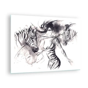 Obraz na skle - Černobílá kompozice se ženou a zebrou v uměleckém stylu - 70x50cm - Tančící se zebrami - Moderní nástěnná dekorace do obývacího pokoje a ložnice ARTTOR