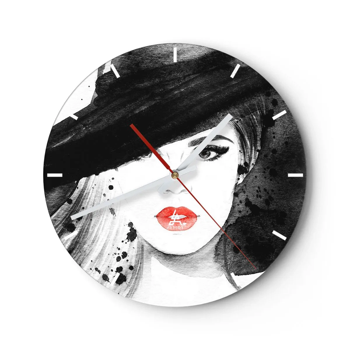 Nástěnné hodiny - Stylová žena v klobouku s červenými rty - 30x30cm - Dáma v černém - Moderní nástěnná dekorace do obývacího pokoje, kuchyně a ložnice ARTTOR