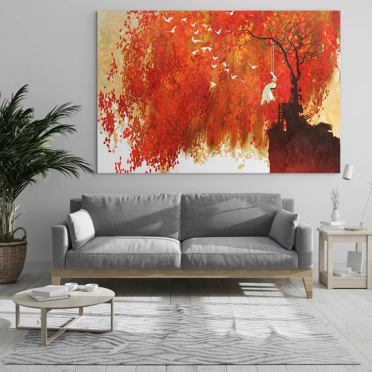 Obraz na skle - Červené listy, osamělý strom a ptáci v podzimní scéně - 70x50cm - Poletí s nimi? - Moderní nástěnná dekorace do obývacího pokoje a ložnice ARTTOR