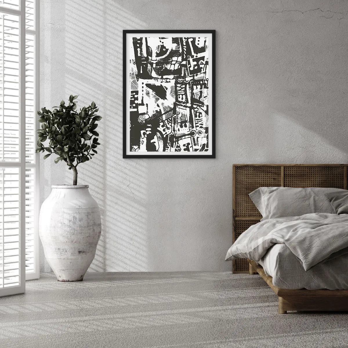 Plakát v černém rámu - Černobílá abstraktní grafika s geometrickými tvary - 50x70cm - Pořádek nebo chaos? - Moderní nástěnná dekorace do obývacího pokoje a ložnice ARTTOR