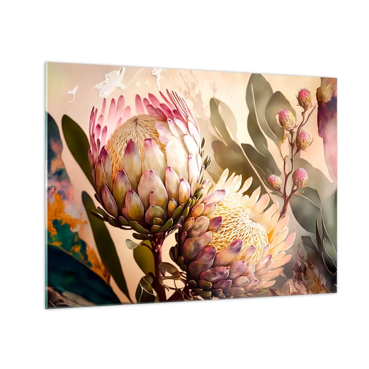Obraz na skle - Květy protey v teplých tónech a měkkém světle - 70x50cm - Něžně objaté - Moderní nástěnná dekorace do obývacího pokoje a ložnice ARTTOR