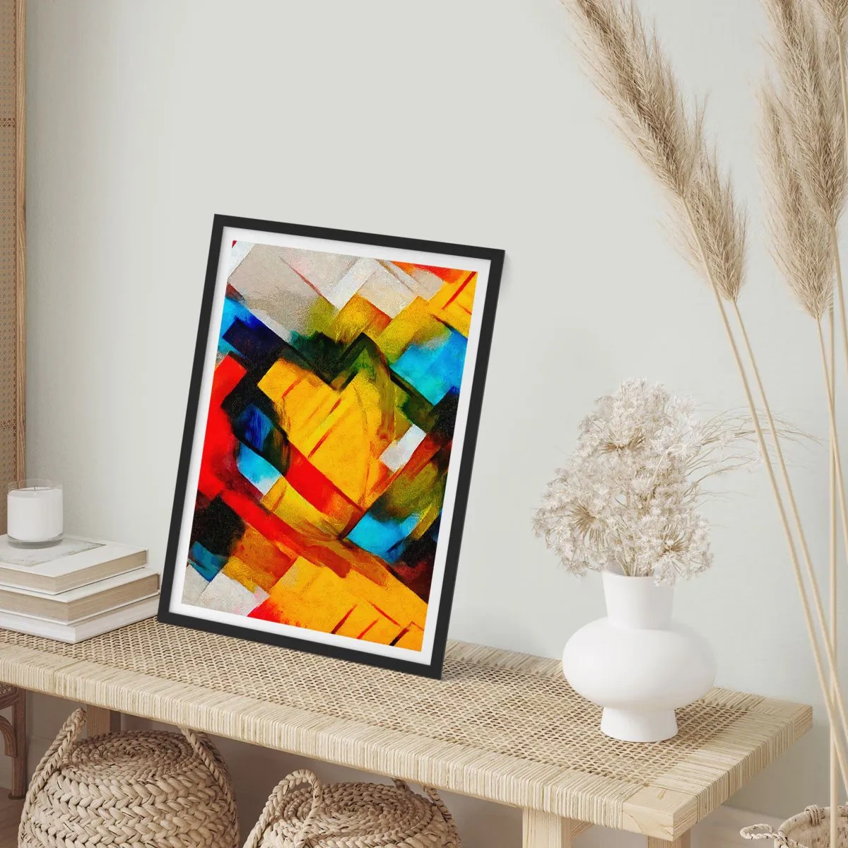 Plakát v černém rámu - Abstraktní geometrické tvary v intenzivních barvách - 50x70cm - Vícebarevné vrstvy - Moderní nástěnná dekorace do obývacího pokoje a ložnice ARTTOR