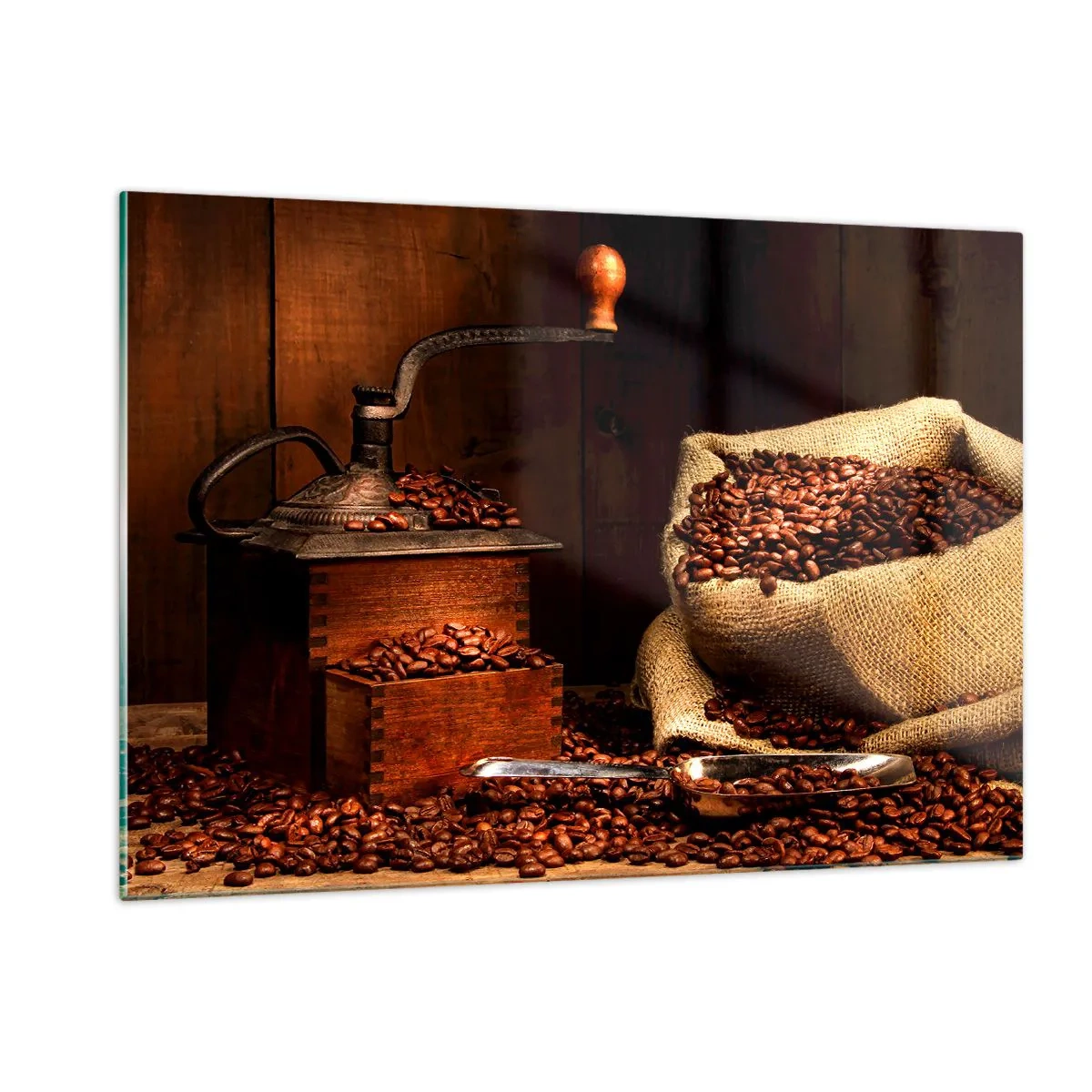 Obraz na skle - Zátiší se zrnky kávy a mlýnkem - 120x80 cm