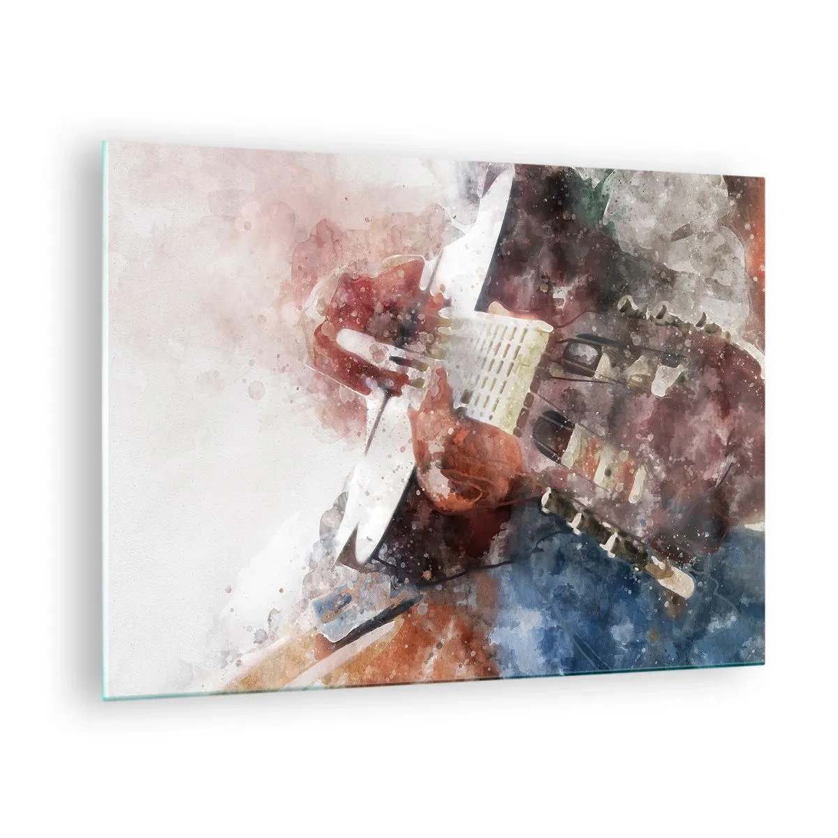 Obraz na skle - Akvarelový obraz uměleckého kytaristy - 70x50cm - Co si o tom myslíš? - Moderní nástěnná dekorace do obývacího pokoje a ložnice ARTTOR
