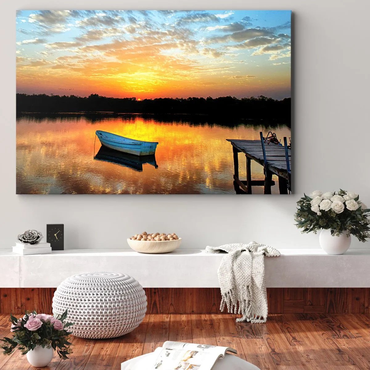 Obraz na plátně - Loď na klidném jezeře při západu slunce - 70x50cm - Podívej, poslouchej, medituj - Moderní nástěnná dekorace do obývacího pokoje a ložnice ARTTOR