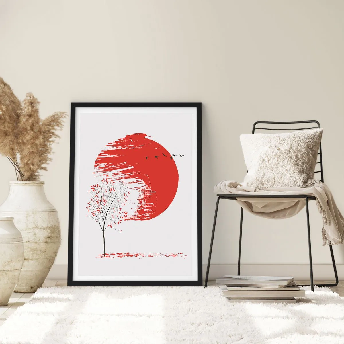 Plakát v černém rámu - Červený kruh se stromem a ptáky v minimalistickém stylu - 50x70cm - Znáte tuto zemi? - Moderní nástěnná dekorace do obývacího pokoje a ložnice ARTTOR